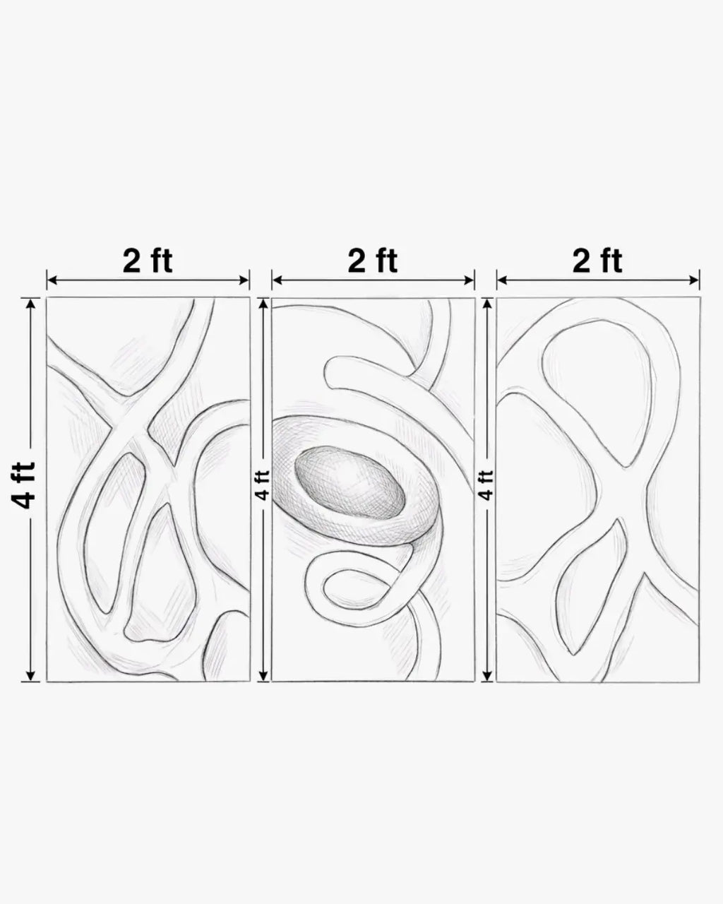 A black and white line drawing showing a three-panel wall art set with dimensions labeled 4 ft tall and 2 ft wide, with the center panel filled with an abstract organic pattern and the side panels showing outlines of the same design.