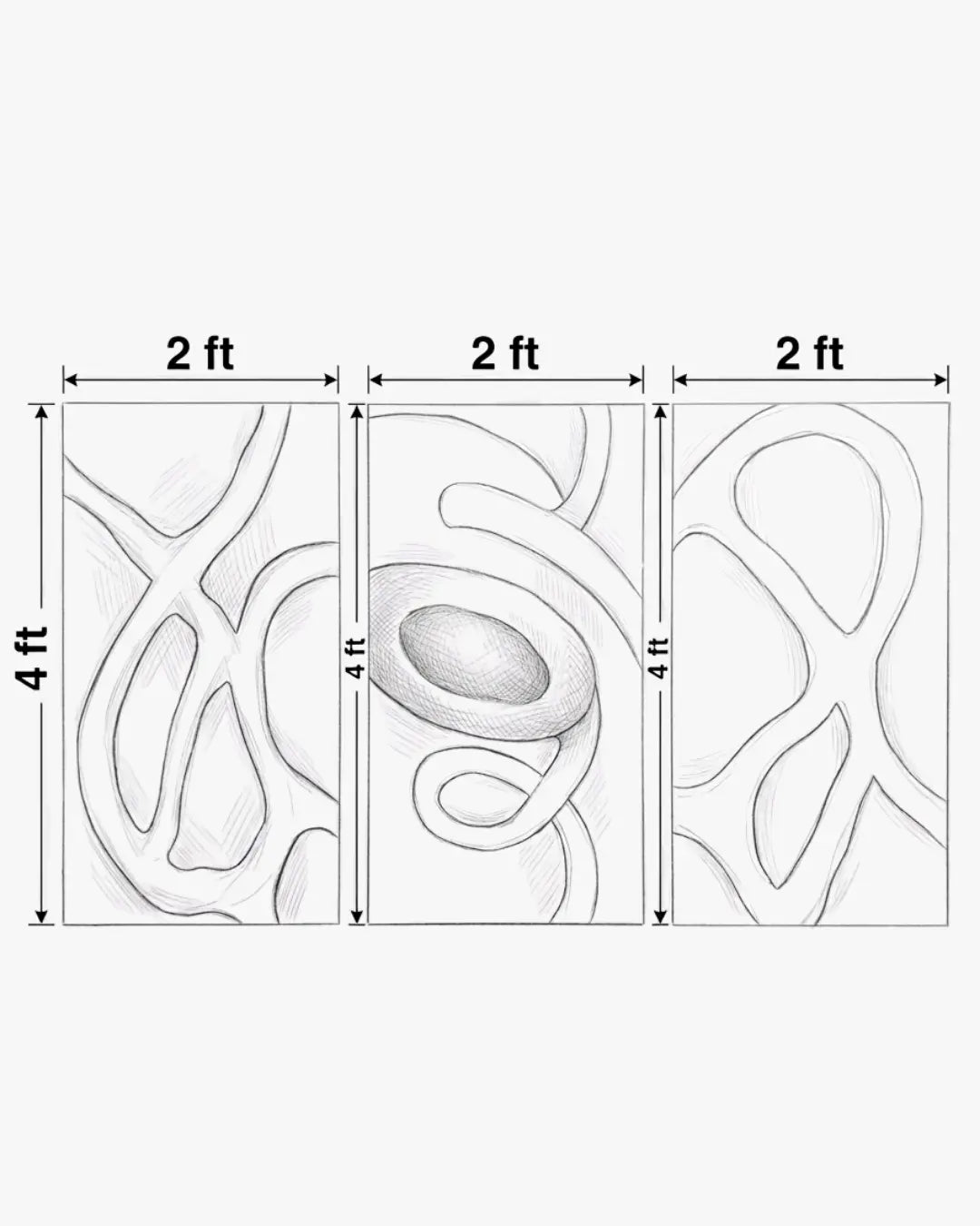 A black and white line drawing showing a three-panel wall art set with dimensions labeled 4 ft tall and 2 ft wide, with the center panel filled with an abstract organic pattern and the side panels showing outlines of the same design.