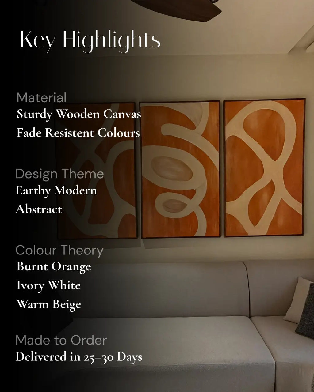A three-panel abstract canvas wall art set displayed above a sofa in a living room setting, with text overlays highlighting key product features such as material, design theme, color theory, and delivery time.