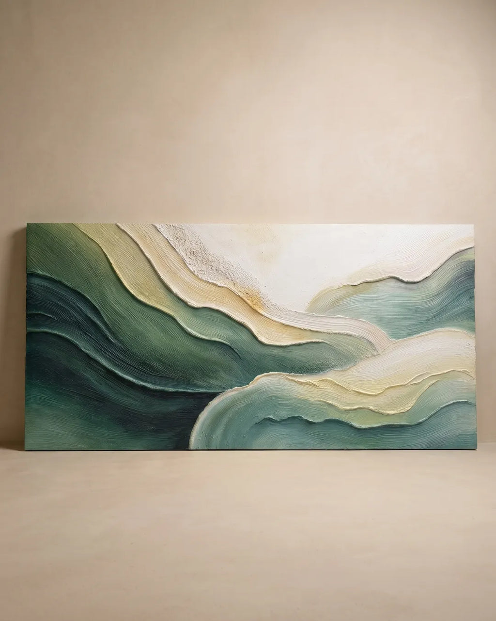 An abstract landscape-style canvas painting with flowing wave-like forms in deep green, teal, cream, and beige tones, displayed against a warm beige wall.