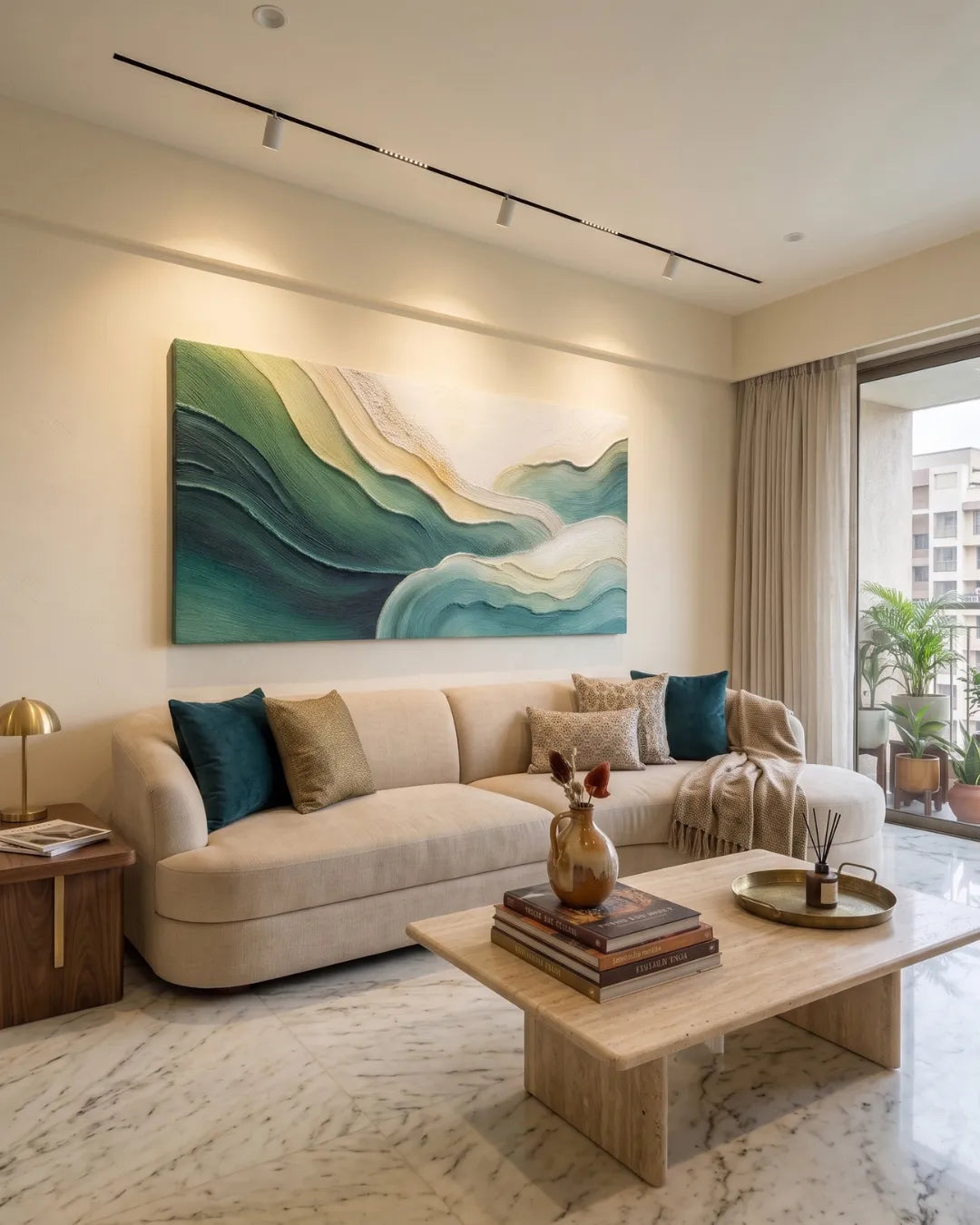 Handmade textured abstract landscape painting featuring layered green, sage, ivory, and beige flowing forms inspired by rolling hills and natural contours.