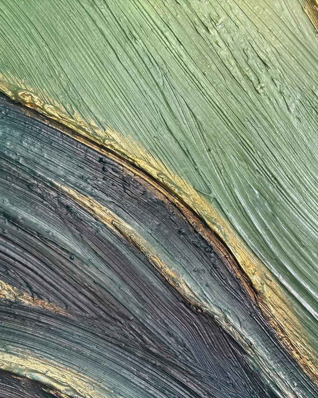 Abstract textured painting with thick brushstrokes in muted green, charcoal gray, black, and metallic gold.
