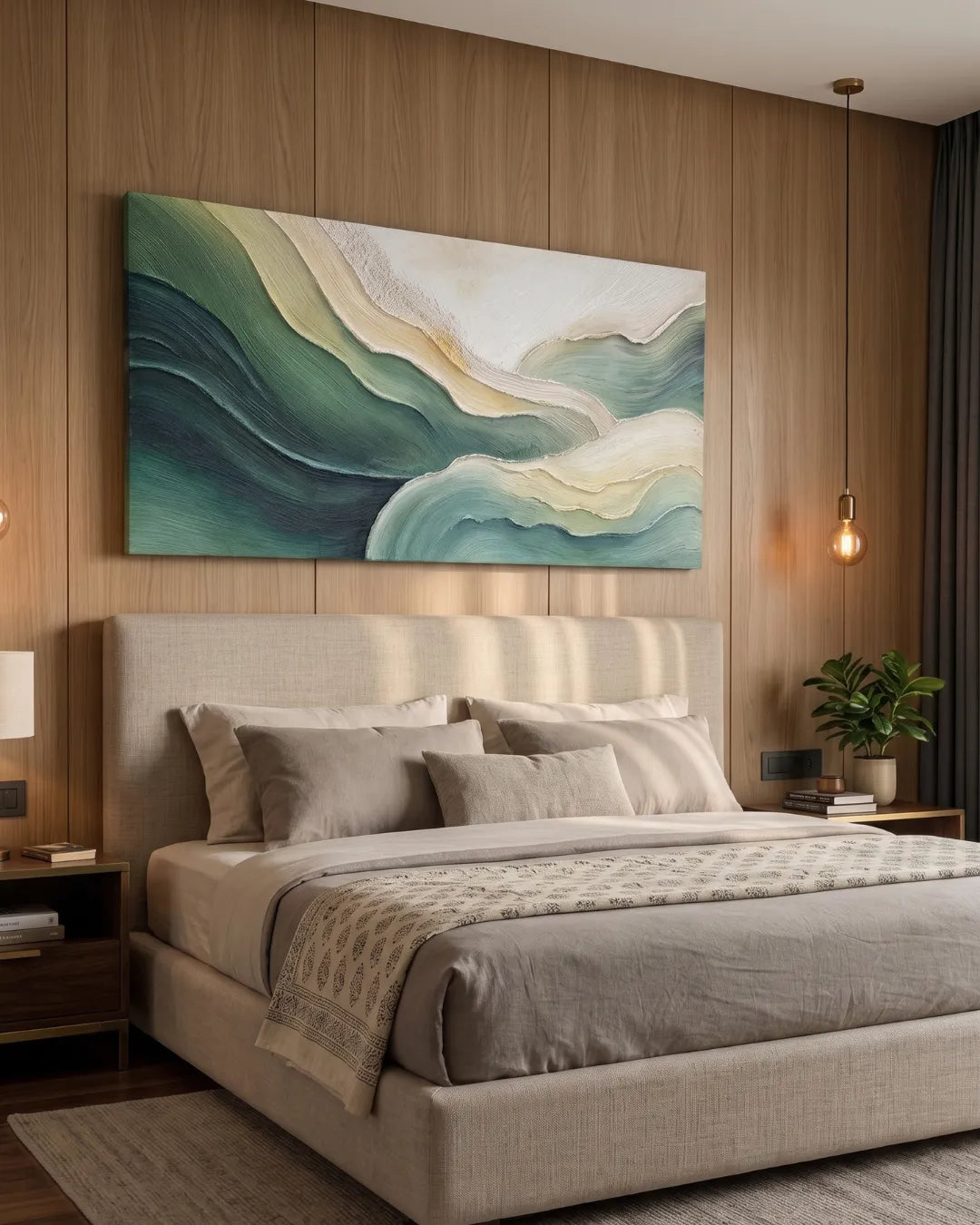 A large rectangular abstract wall art piece with flowing teal, green, cream, and gray wave-like forms hangs above a neatly made bed in a modern bedroom with wood-paneled walls, bedside tables, lamps, and a small plant.