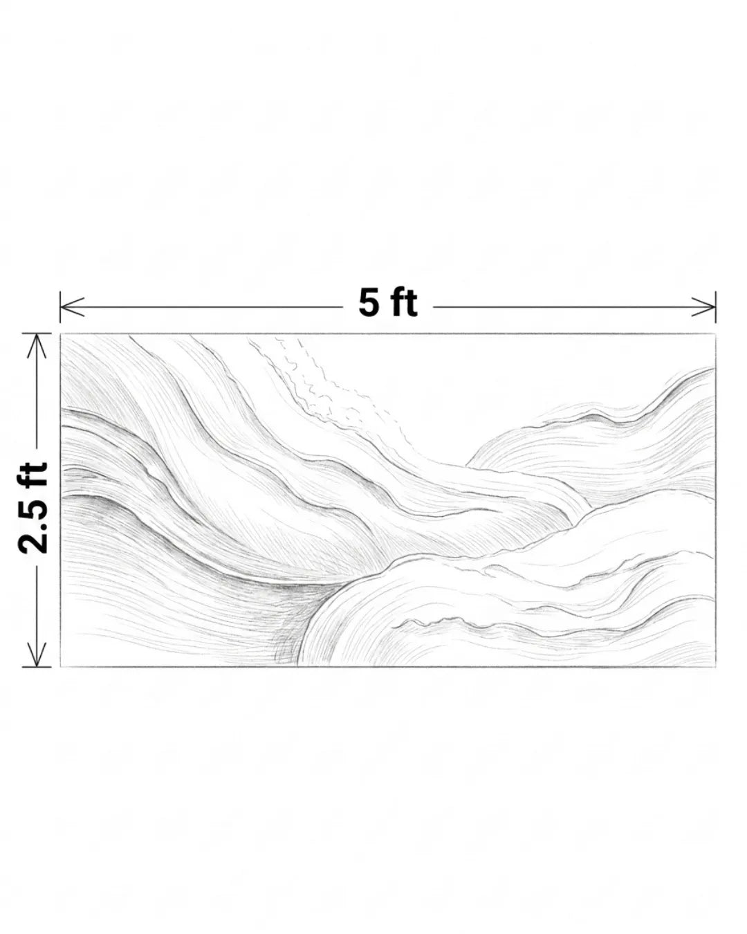 A black-and-white dimension diagram showing a rectangular wall art print with a marble-like abstract pattern. Arrows indicate measurements of 5 ft wide by 2.