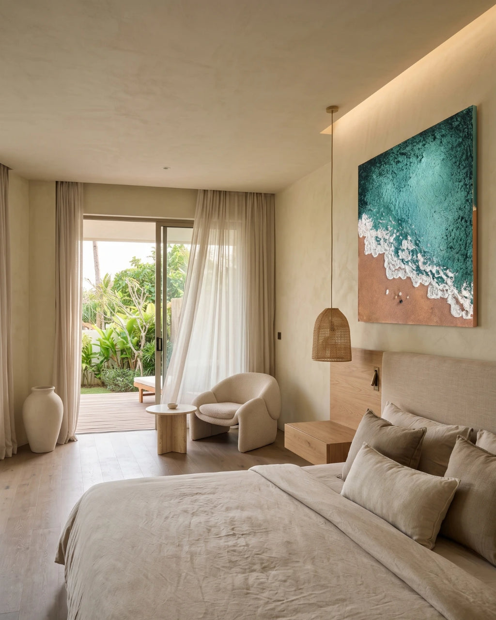 A modern bedroom interior featuring a large bed with beige linens, a textured teal and white ocean wall art piece, a woven pendant light, and a glass sliding door leading to a lush garden.