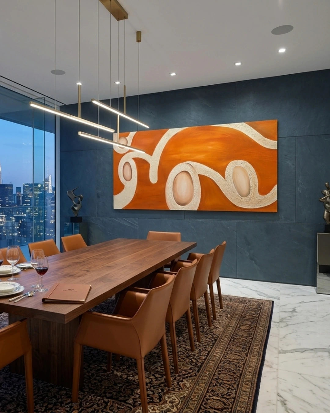 Handmade textured abstract painting with flowing ivory sculptural curves on a rich rust orange background, creating a warm modern statement wall art piece.
