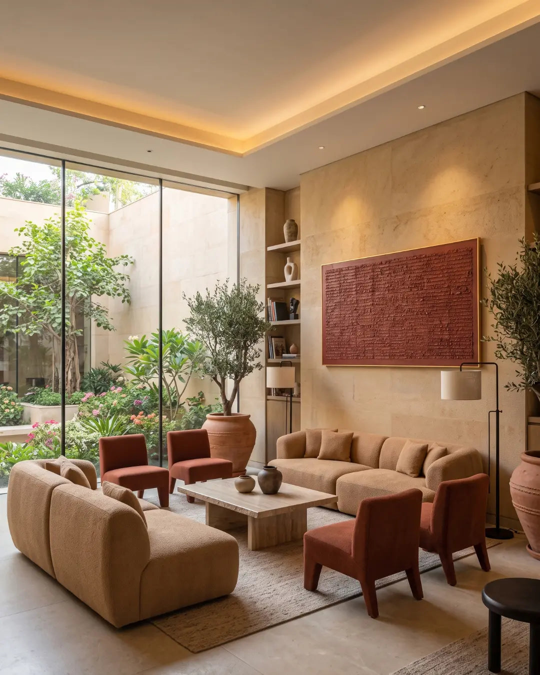 A modern living room with beige upholstered sofas, rust-red armchairs, a low stone coffee table, large windows overlooking a garden courtyard, and warm ambient lighting.