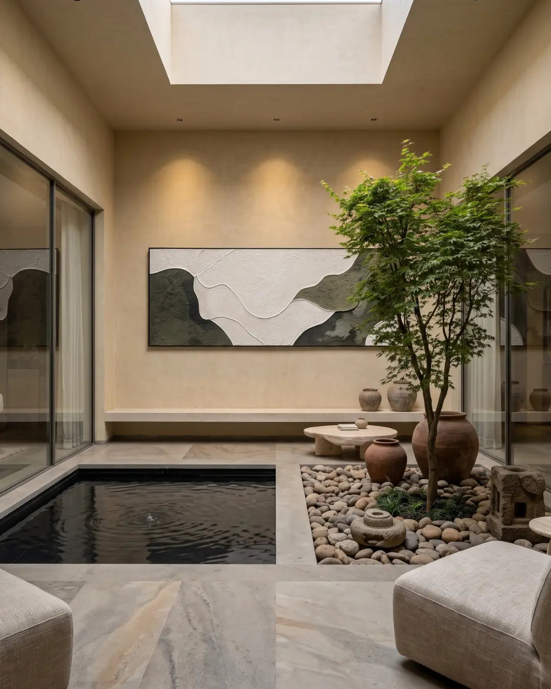 A modern architectural interior courtyard with a rectangular black water feature, a potted tree, stone pebbles, terracotta pots, and a large abstract landscape wall art piece on a beige wall under a skylight.
