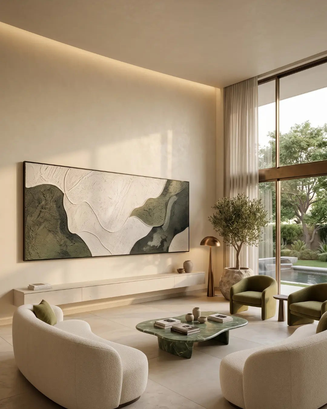 Handmade textured abstract landscape painting featuring layered olive green and ivory forms with sculptural textures, inspired by rolling hills and natural contours.