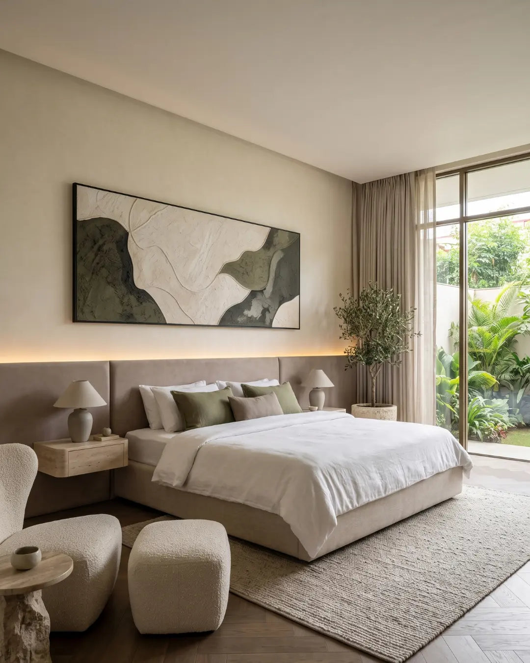 A modern bedroom featuring a low-profile platform bed with white bedding, a large abstract landscape wall art piece above the headboard, and a view of green plants through a large window.