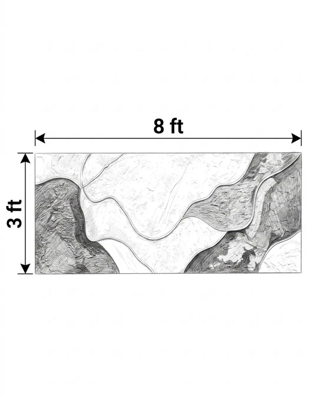A rectangular black-and-white abstract wall art print shown with dimension arrows and labels indicating 8 ft wide by 3 ft tall on a white background.