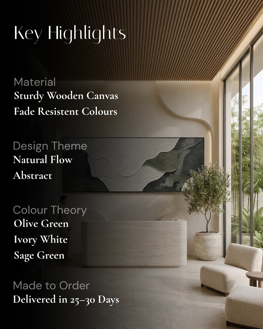 A promotional graphic for a modern abstract canvas wall art piece, set in a minimalist interior room. The artwork features organic, flowing shapes in shades of olive green, sage green, and ivory white on a dark charcoal background.