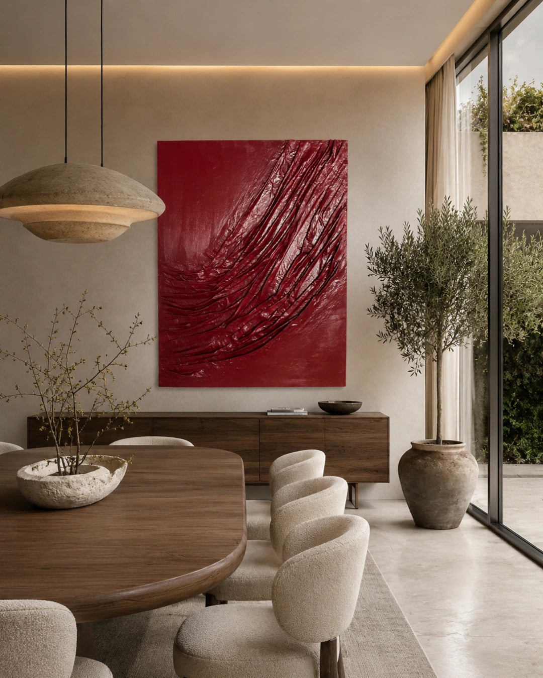 Handmade burgundy textured abstract painting featuring sculptural flowing folds and layered organic textures on a rich monochromatic background, creating a bold contemporary statement piece
