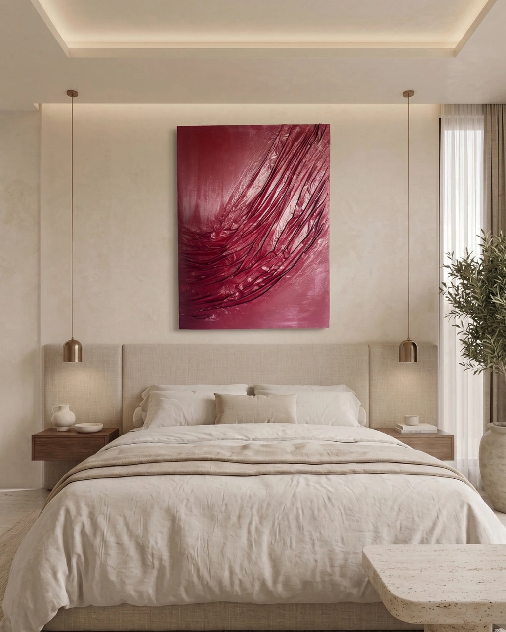 A modern bedroom featuring a large vertical canvas print with an abstract deep magenta and burgundy liquid swirl design, hung above a neatly made bed with neutral beige linens.