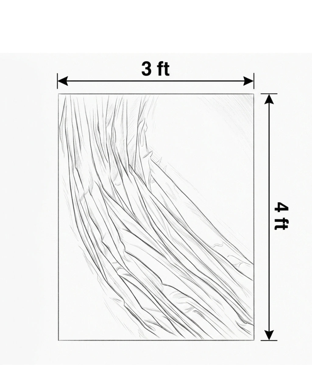 A square wall art print or canvas shown with dimension arrows indicating 3 ft by 4 ft, featuring a black line-art abstract wavy pattern on a white background.
