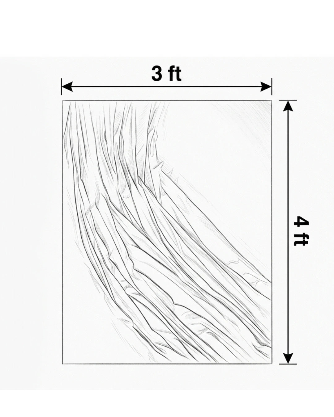 A square wall art print or canvas shown with dimension arrows indicating 3 ft by 4 ft, featuring a black line-art abstract wavy pattern on a white background.
