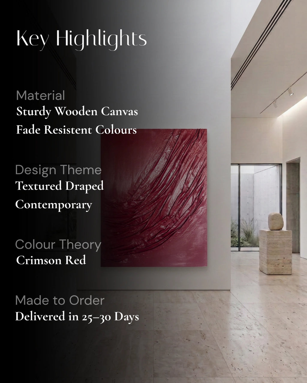A promotional graphic for a custom abstract canvas print. The left side features a dark gray overlay with white text detailing key features like 'Material Sturdy Wooden Canvas', 'Design Theme Textured Draped Contemporary', and 'Colour Theory Crimson Red', next to a preview of the red abstract artwork.