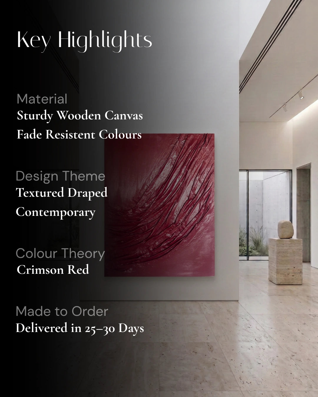 A promotional graphic for a custom abstract canvas print. The left side features a dark gray overlay with white text detailing key features like 'Material Sturdy Wooden Canvas', 'Design Theme Textured Draped Contemporary', and 'Colour Theory Crimson Red', next to a preview of the red abstract artwork.