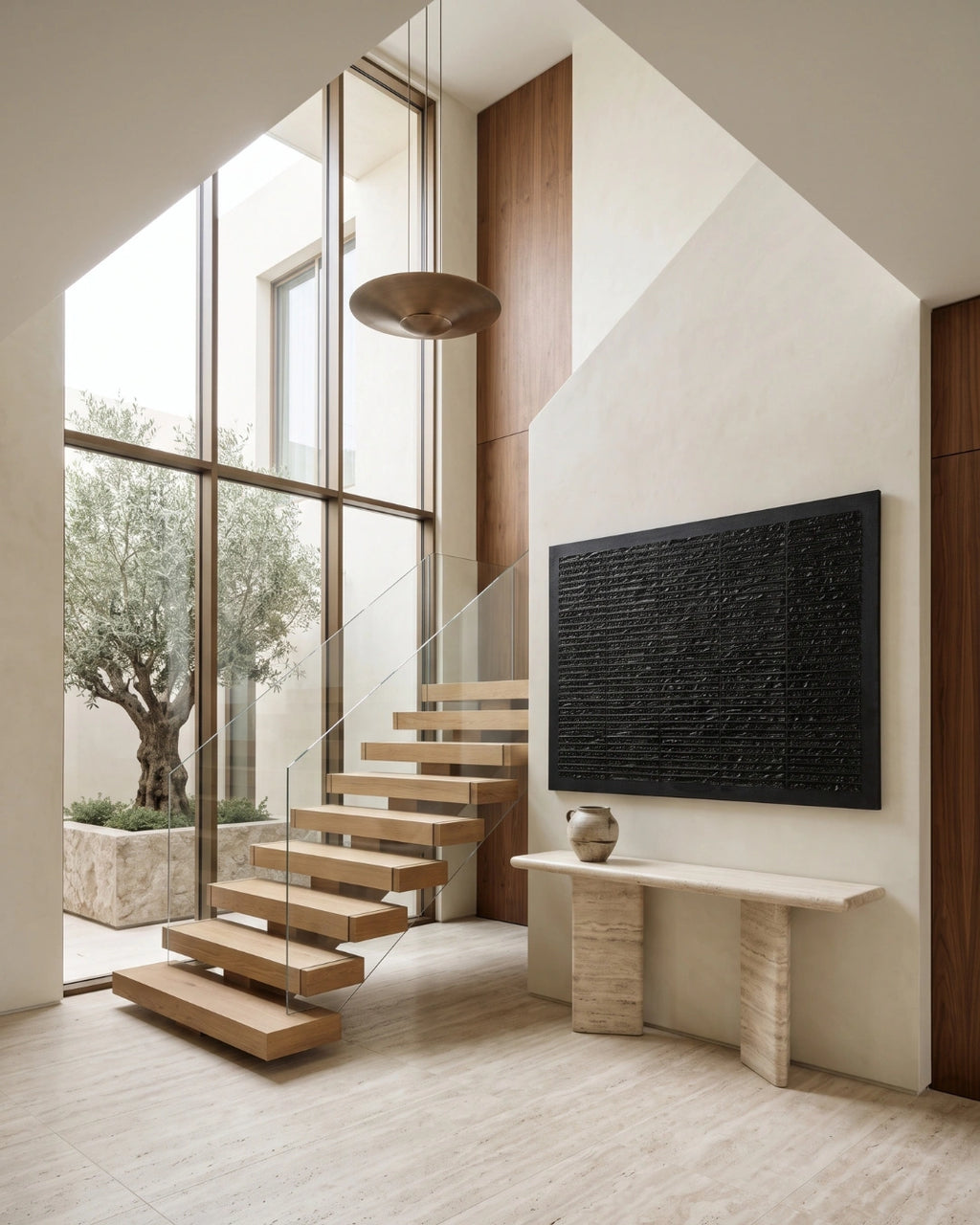 Modern interior space with a floating wooden staircase, large floor-to-ceiling windows, a stone console table, and a large black textured wall art piece mounted on a beige wall.