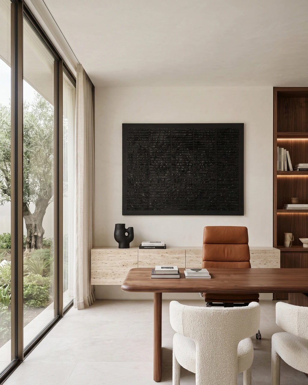 A modern interior room featuring a large black textured wall art piece hanging above a light wood console. The room includes a wooden desk, an orange-brown leather office chair, white textured dining chairs, a built-in wooden shelving unit with warm lighting, and tall floor-to-ceiling windows looking out onto greenery.