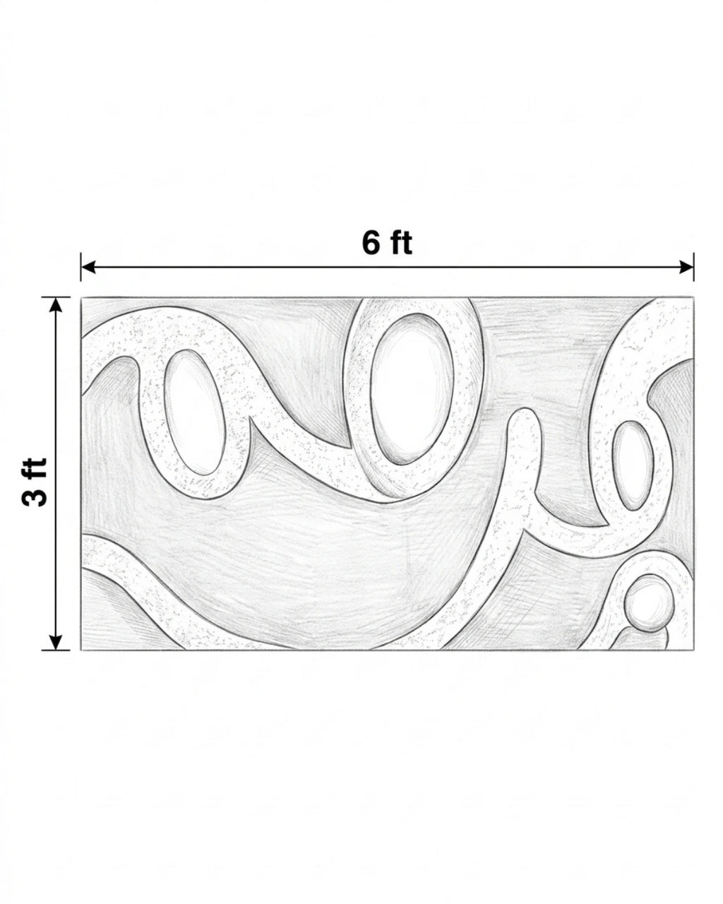 A black-and-white dimension diagram showing a rectangular decorative panel with an abstract wavy pattern, labeled 6 ft wide and 3 ft tall.