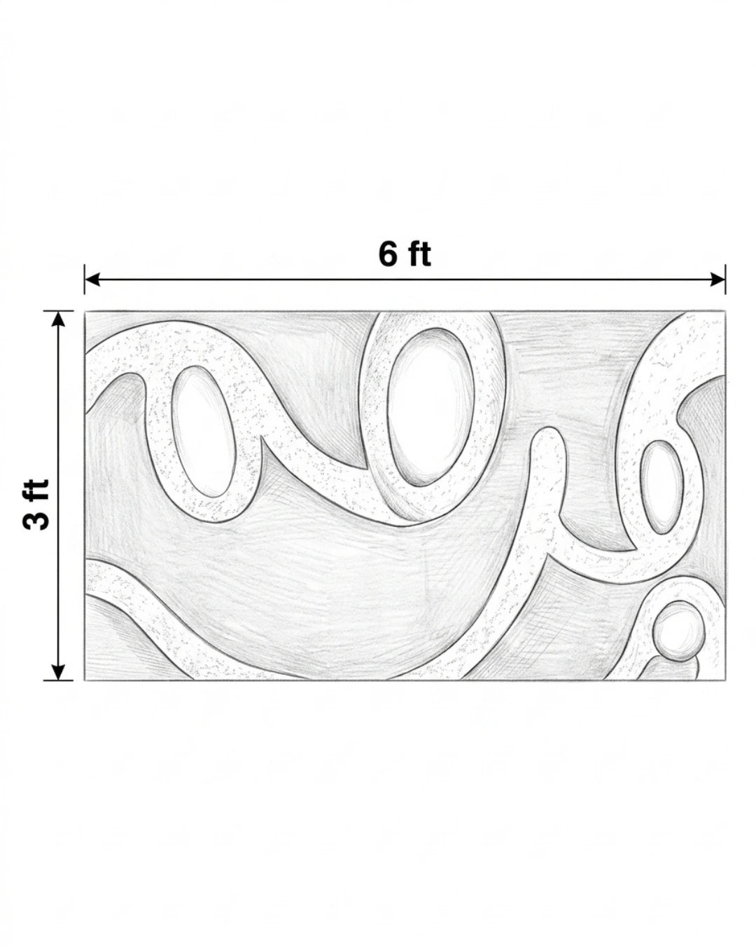 A black-and-white dimension diagram showing a rectangular decorative panel with an abstract wavy pattern, labeled 6 ft wide and 3 ft tall.
