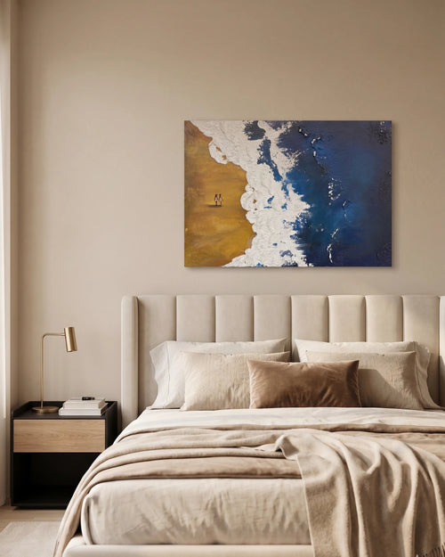 Horizontal abstract seascape with crashing white foam wave, textured plaster-style coastal art, amber gold and deep blue colors, wide canvas wall art