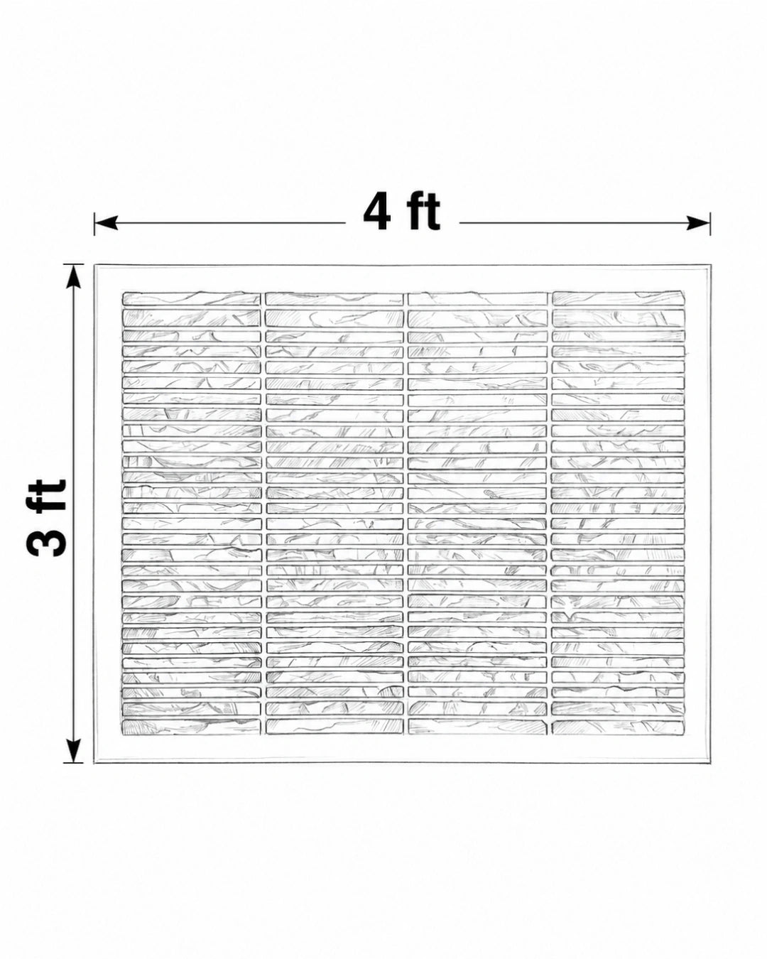 A black and white line drawing of a rectangular vent or grille with dimension arrows indicating 4 feet wide by 3 feet tall.