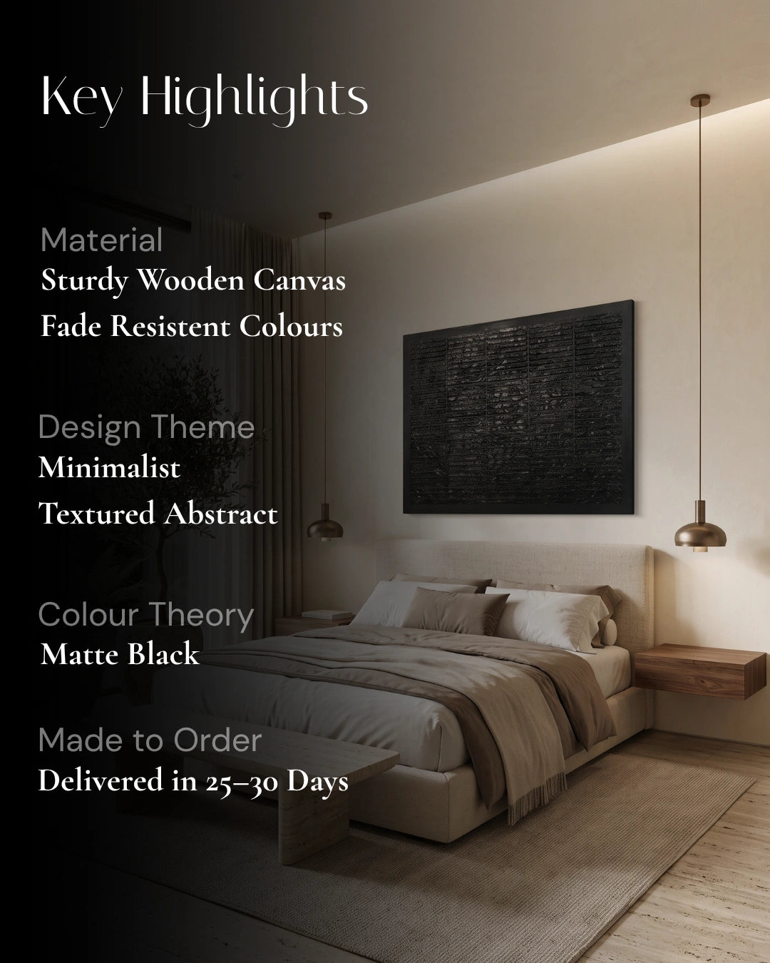 A styled bedroom interior with a bed, pendant lights, wall art, and overlaid text reading 'Key Highlights' plus material, design theme, color theory, and delivery details. This is not a clean standalone product shot and functions more like a promotional graphic for a custom wall canvas/art print, so I classify it as Other rather than Product/Packaging or Lifestyle.