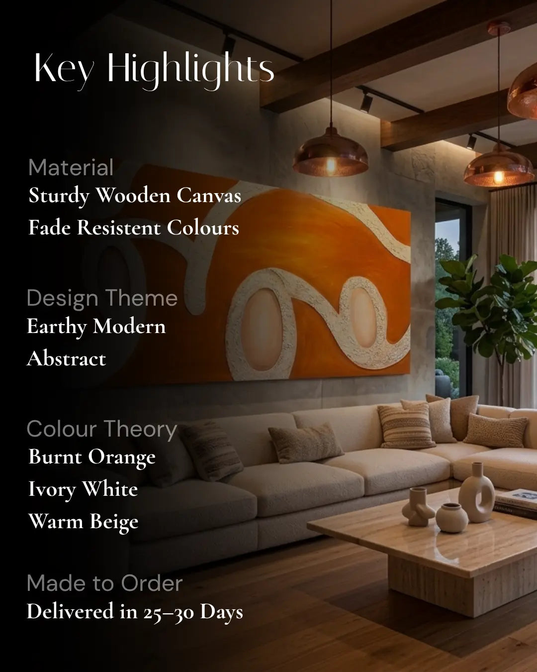 A furnished living room with a large abstract canvas wall art piece as the apparent product. White text on the left lists key highlights including material, design theme, color theory, and delivery time.