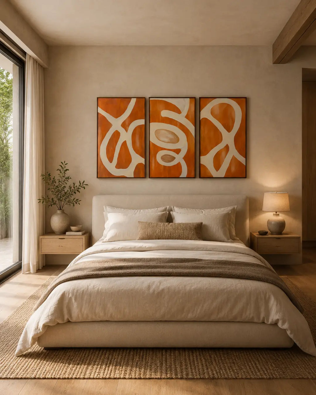 A modern bedroom featuring a three-panel abstract canvas wall art set with orange and cream swirls, hung above a neatly made bed with neutral beige linens.
