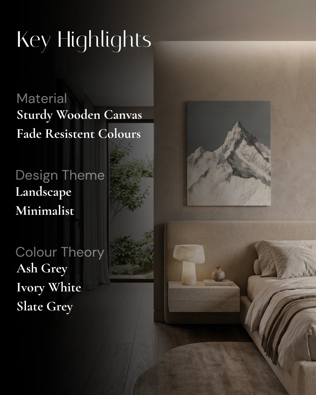 A styled bedroom interior showing a framed mountain landscape canvas print on a beige wall above a bed. Text on the left highlights the product's material, design theme, and color theory in ash grey, ivory white, and slate grey.