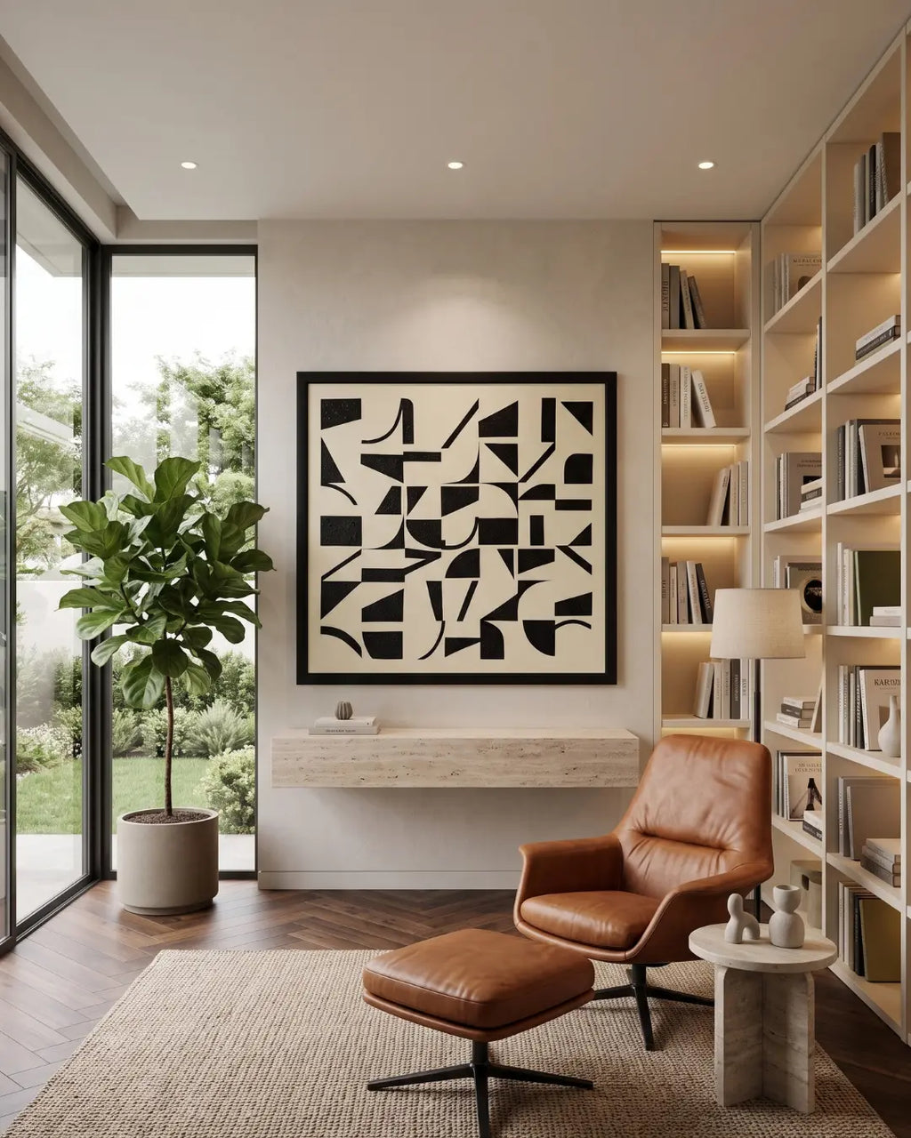 A modern interior room featuring a large black and white abstract geometric art print on the wall, styled with a brown leather armchair and ottoman, a potted fiddle-leaf fig, and built-in wooden bookshelves.