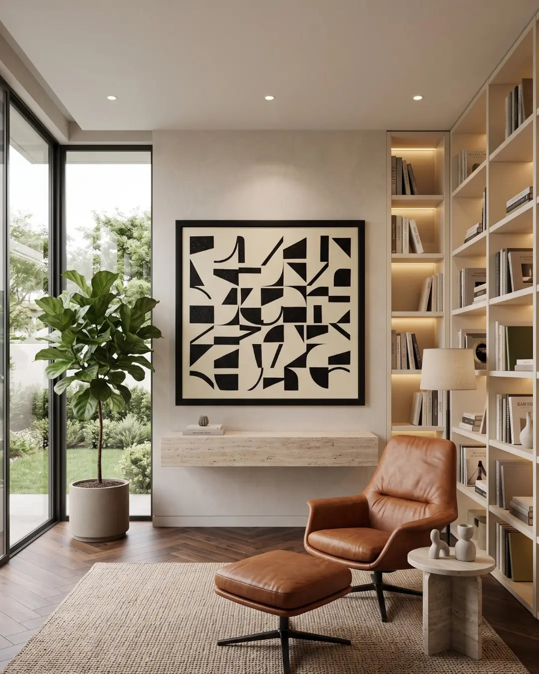 A modern interior room featuring a large black and white abstract geometric art print on the wall, styled with a brown leather armchair and ottoman, a potted fiddle-leaf fig, and built-in wooden bookshelves.
