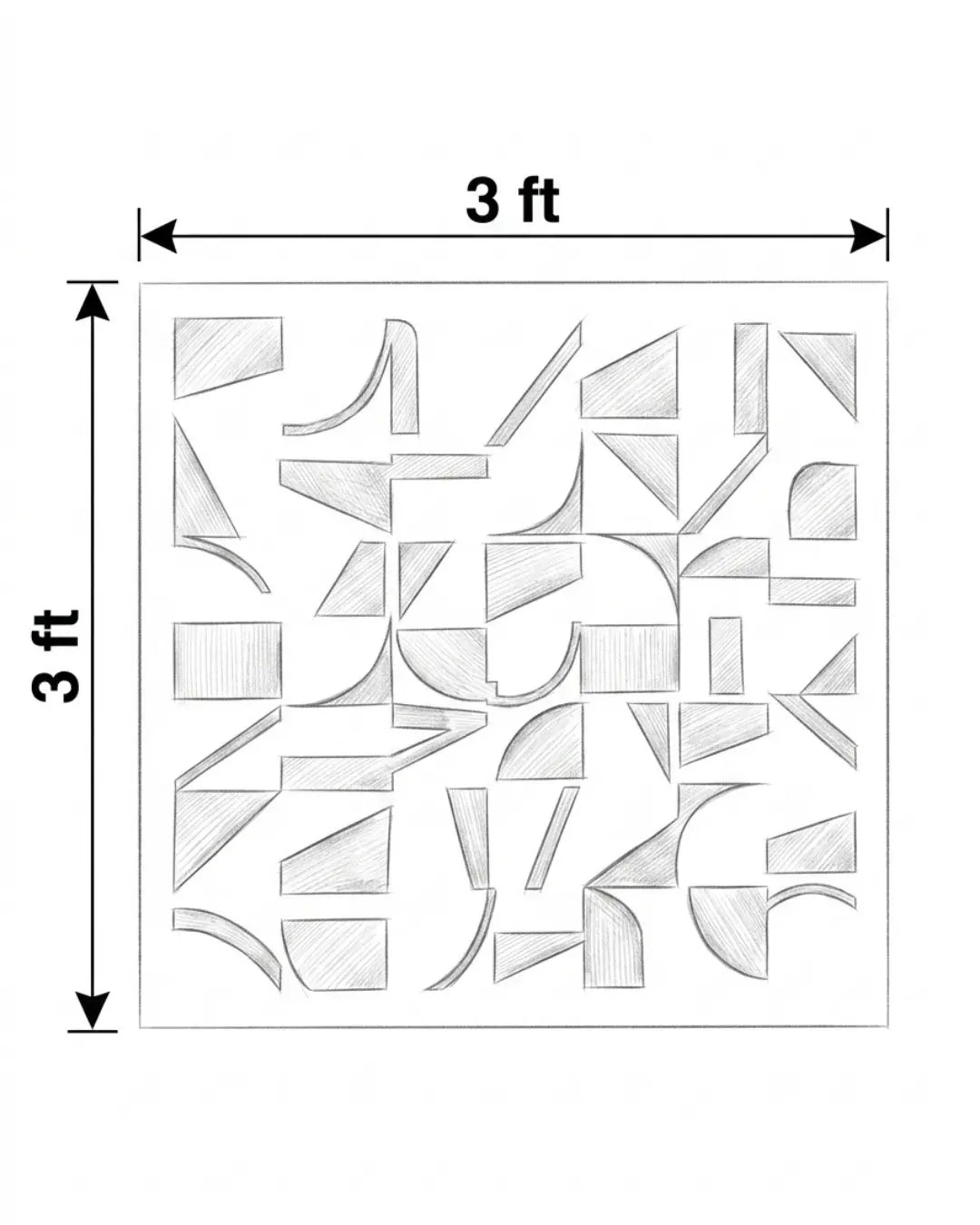 A square panel with a geometric pattern of interlocking curved and angular shapes, shown with dimension arrows labeled 3 ft on each side.