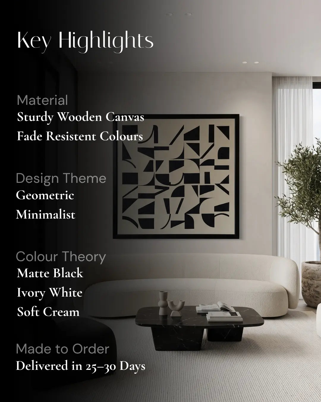 A promotional graphic for a modern living room featuring a large black and off-white geometric canvas print on the wall. Text on the left lists key highlights including material, design theme, color theory, and delivery time.