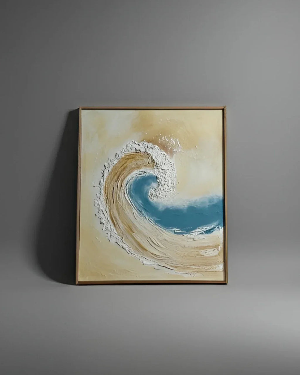Textured abstract painting of a curling ocean wave in beige and teal tones, coastal canvas wall art