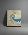 Textured abstract painting of a curling ocean wave in beige and teal tones, coastal canvas wall art