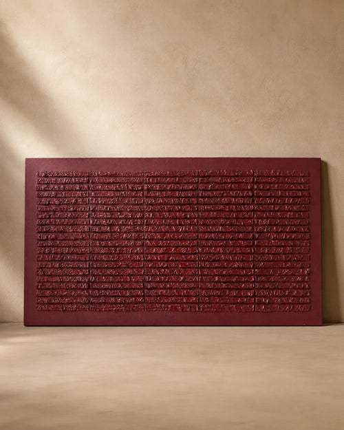 Deep red textured wall art with hand-carved horizontal ridges on plain background, handmade canvas painting