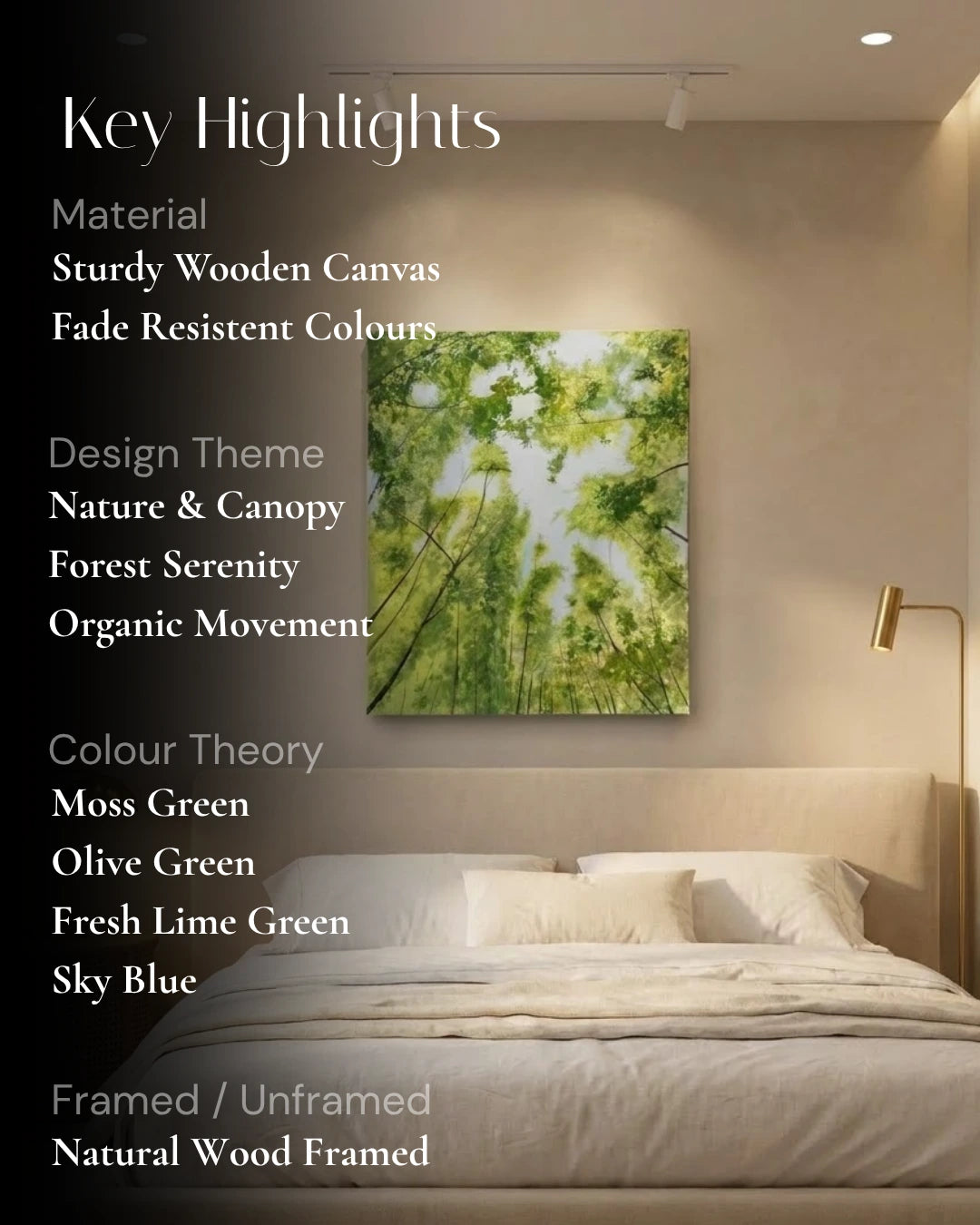 A framed forest canopy canvas print displayed on a beige wall above a bed in a modern bedroom setting. The image includes a text overlay detailing the product's key highlights, including its material, design theme, color theory, and framing options.