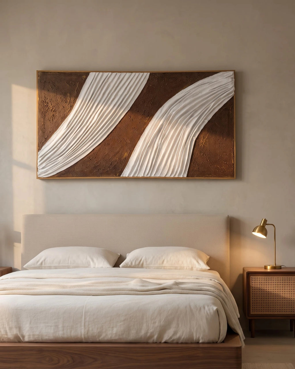 Cascade textured wall art hanging above a bed in a modern bedroom