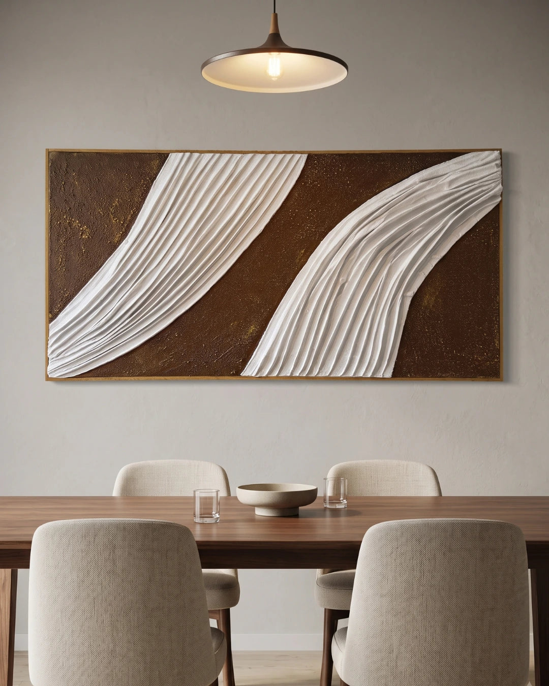 Large rectangular wall art with abstract flowing white forms on a textured brown background, displayed above a dining table with upholstered chairs in a modern interior.