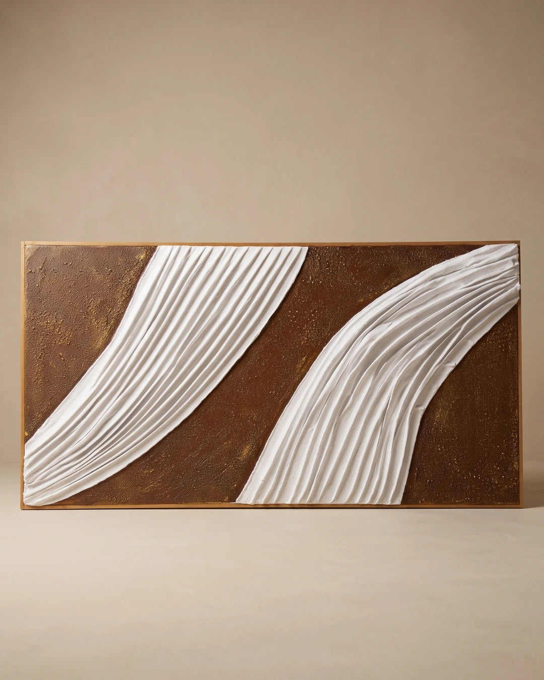 Brown and white sculptural textured wall art 4x2 feet with ridged fabric-like white forms, handmade canvas painting