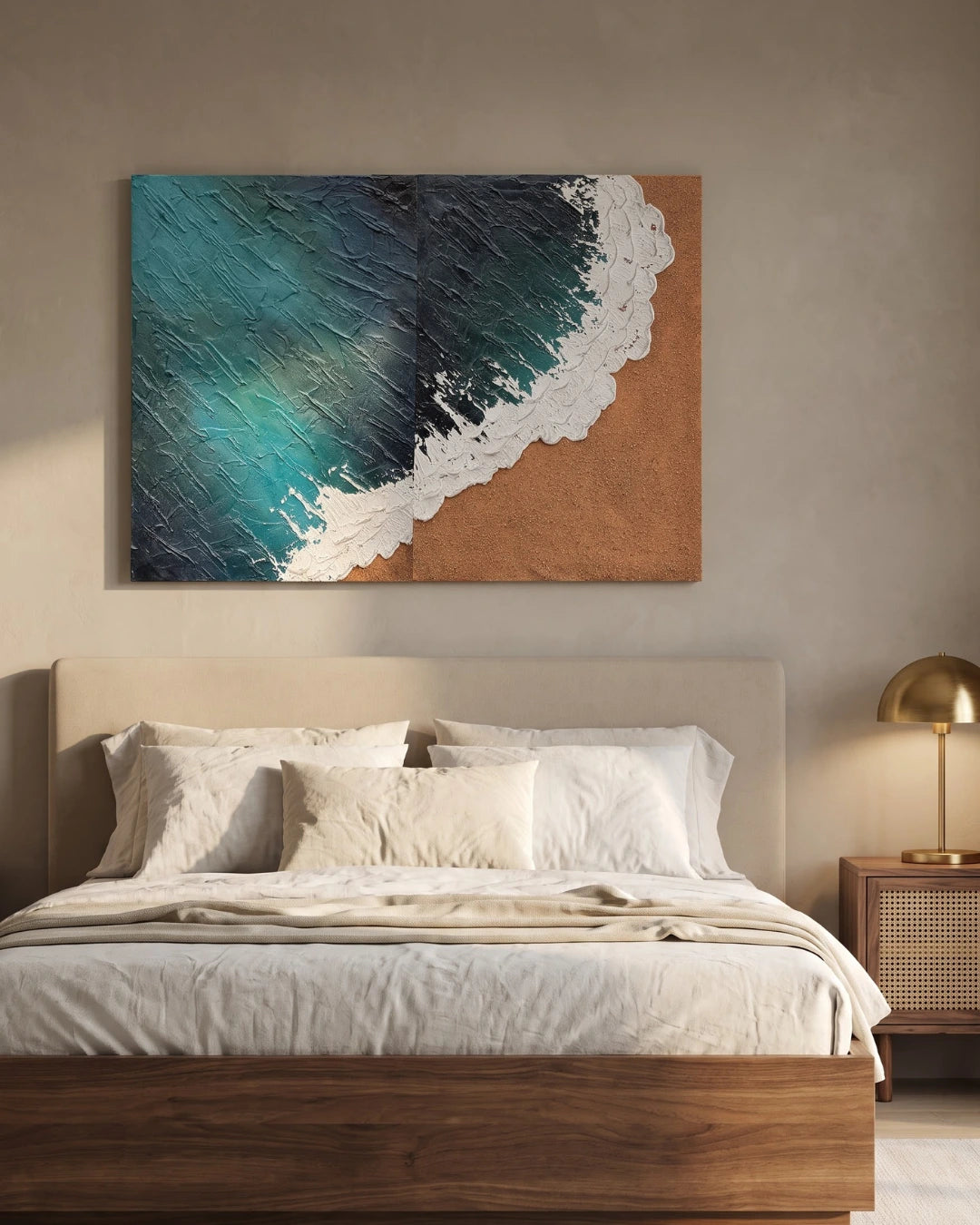 Coastal Calm diptych ocean painting hanging above a bed in a modern bedroom