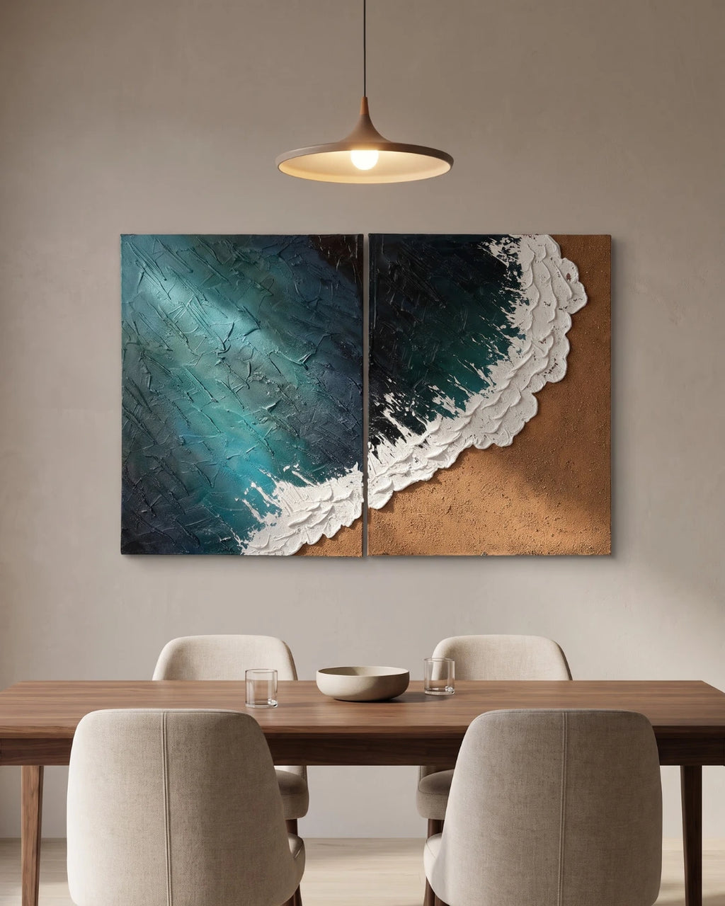 Coastal Calm two-panel textured wall art hanging in a dining room