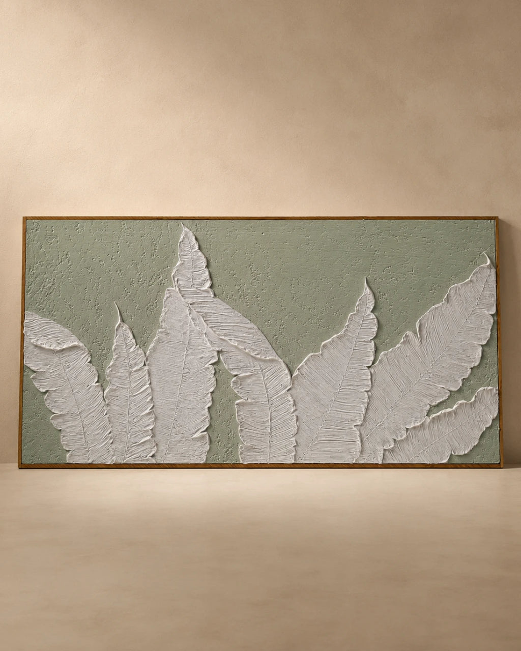 Sage green textured wall art 4x2 feet with white sculpted fern fronds in raised plaster, handmade canvas painting