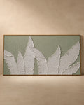 Sage green textured wall art 4x2 feet with white sculpted fern fronds in raised plaster, handmade canvas painting