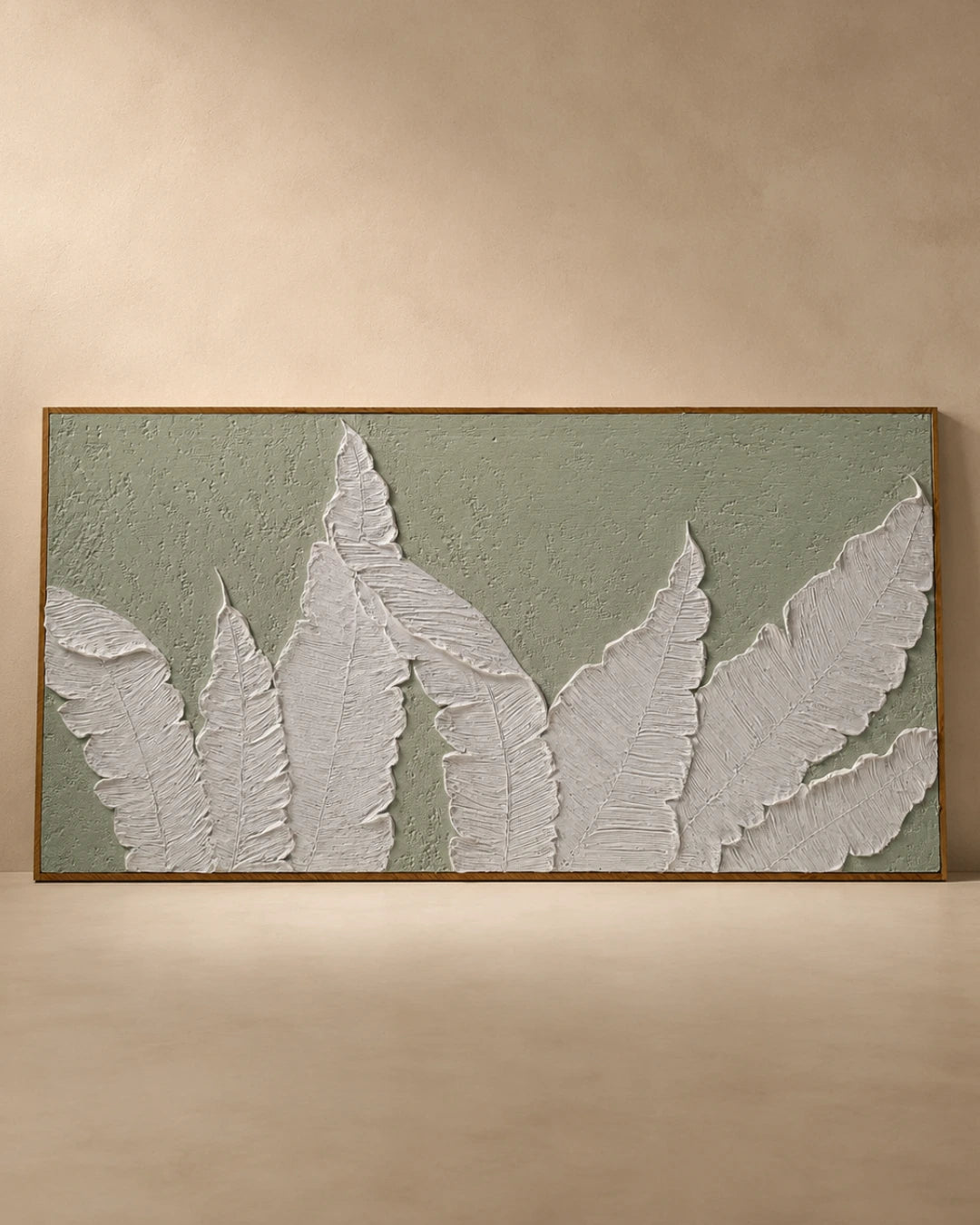 Sage green textured wall art 4x2 feet with white sculpted fern fronds in raised plaster, handmade canvas painting