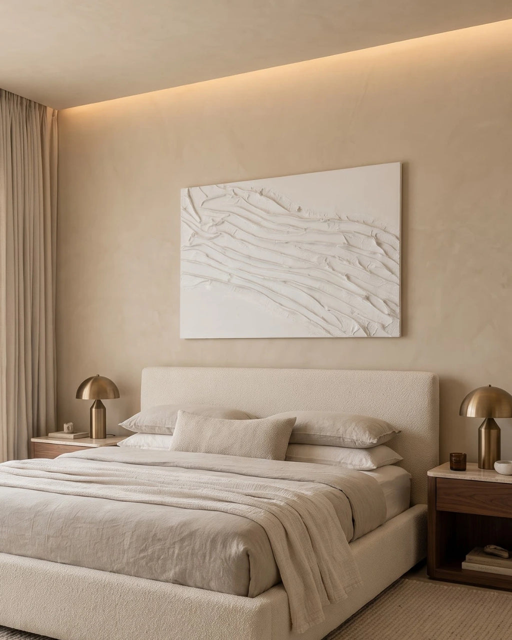 Folded White sculptural textured painting hanging above a bed in a modern bedroom