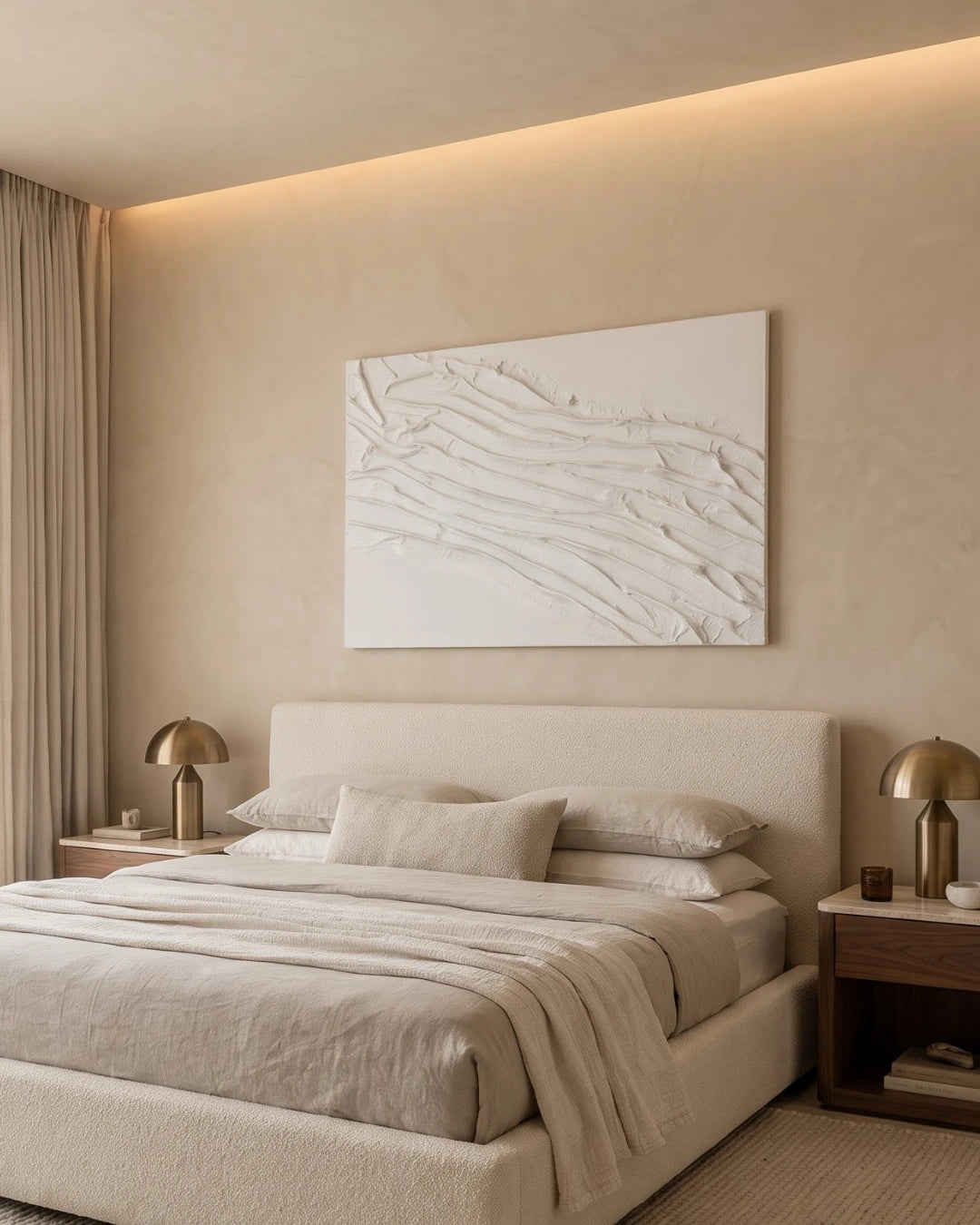 Folded White sculptural textured painting hanging above a bed in a modern bedroom